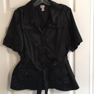 Lane Bryant sateen Black button up jacket with tie belt. Size 14/16.